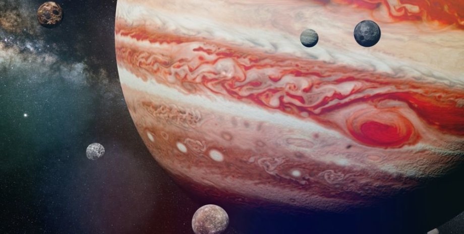Юпитер, космос, спутники, рисунок
