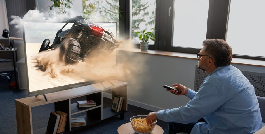 Чоловік дивиться фільм на телевізорі