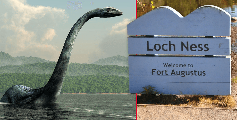 Иллюстрация Лох-Несского чудовища с длинной шеей, поднимающейся над водой озера