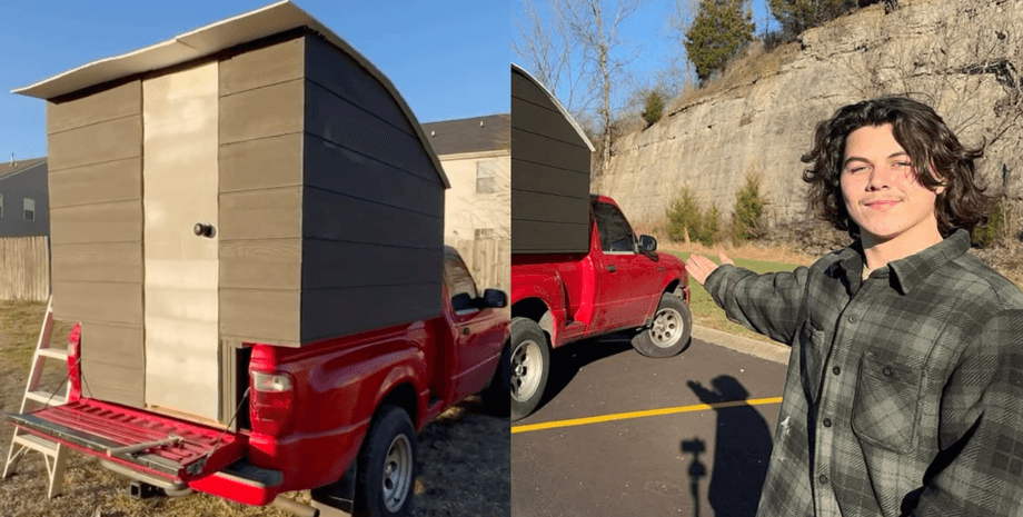 мужчина живет в грузовике с собакой