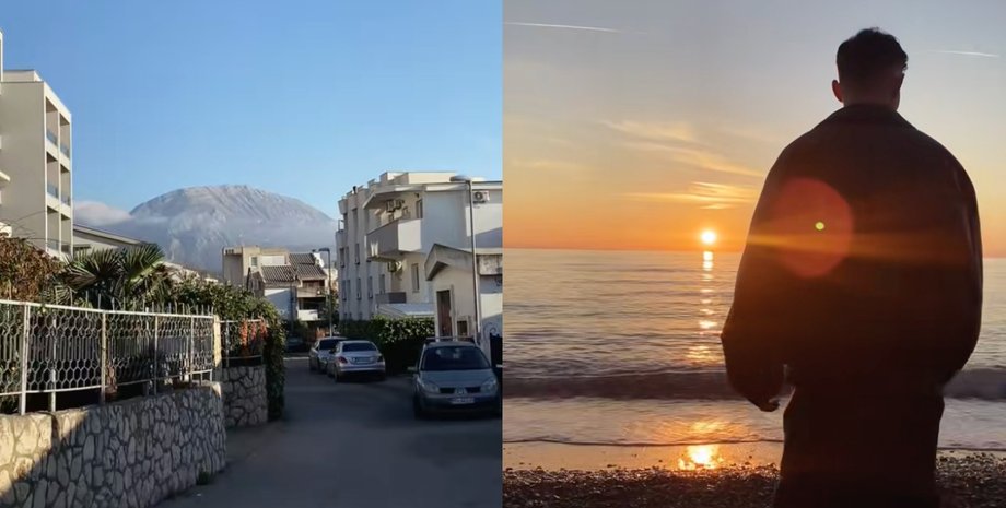 Улица в городе Черногории с жилыми домами и горами на горизонте в солнечный день