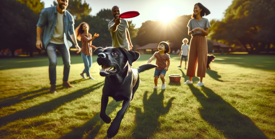 собака лабрадор, семья, парк