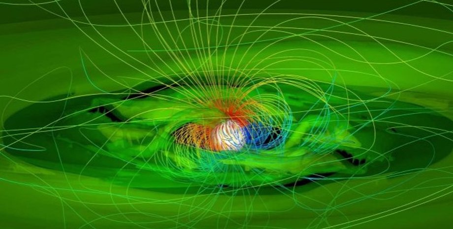 Звезда GM Aur поглощает частицы газа и пыли протопланетного диска, который представлен зеленым веществом. Иллюстрация.