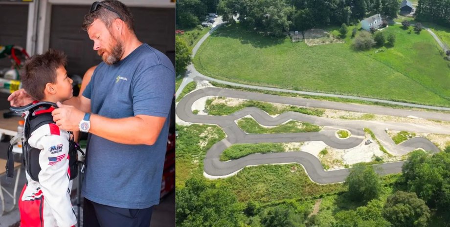 Мужчина построил гоночный трек для сына, гоночная трасса, отец и сын, гонки, увлечение сына, трасса во дворе, картинг