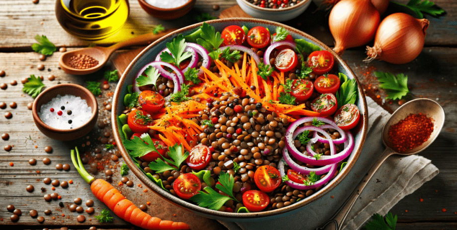 салат салат, їжа, закуска, страва, цибуля, ложки, сіль, морква, олія