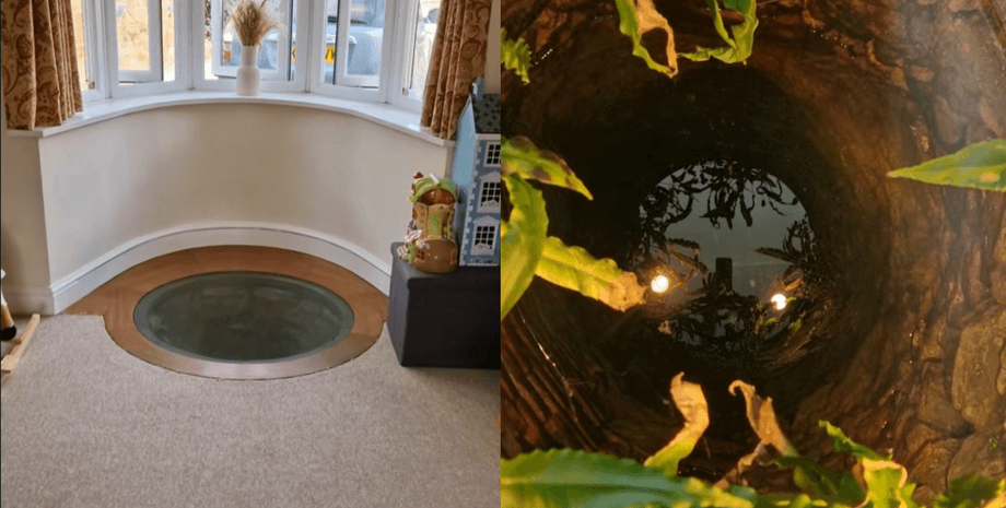 Унікальний інтер'єр із колодязем у підлозі Колаж: вітальня з колодязем під склом і вид усередину колодязя з водою і рослинністю