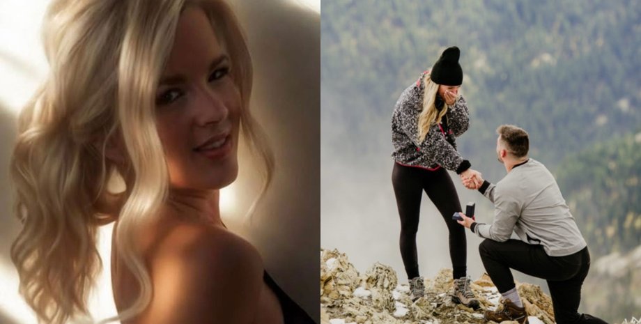 Жінка позує на фото і момент пропозиції руки і серця в горах
