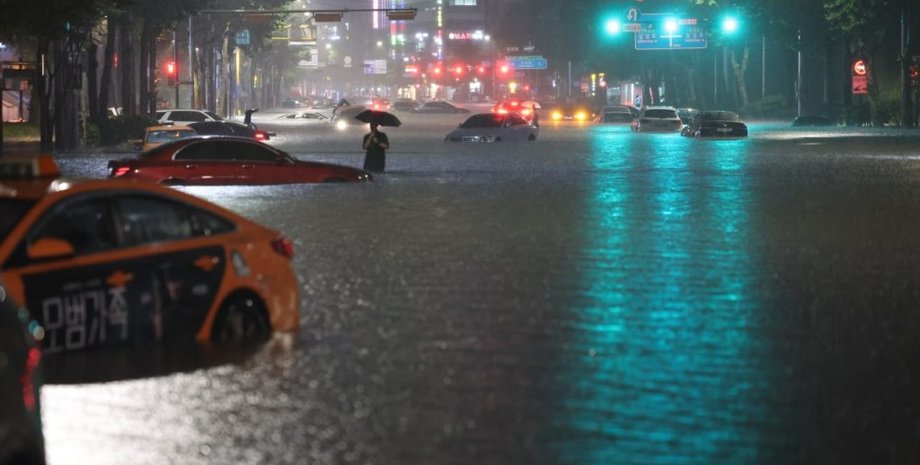 сеул, ливень, город, дождь
