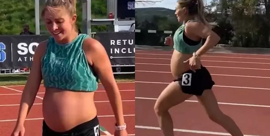 Спортсментка, девушка, женщина, беременная, спорт, забег, беговая дорожка