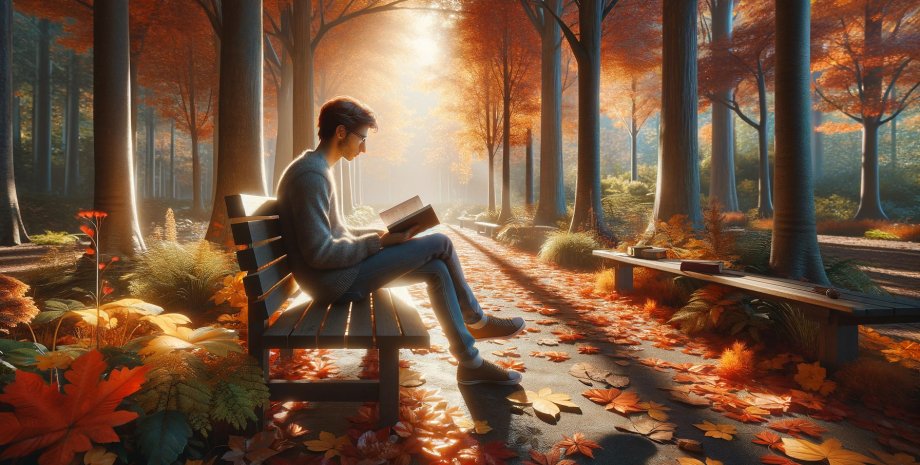 чтение парк, осень, мужчина