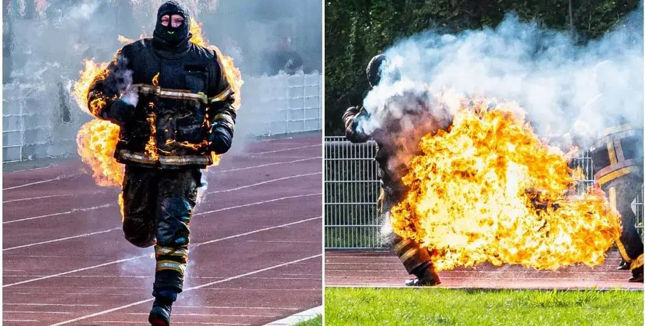 Чоловік горить, чоловік у вогні, спринт, біг, чоловік біжить у вогні, вогонь, пожежник, змагання, рекорд,