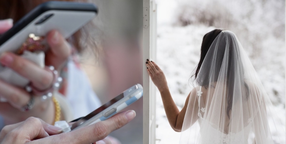 Свадьба, запись поздравления, невеста, телефон на свадьбе, свадебный коллаж