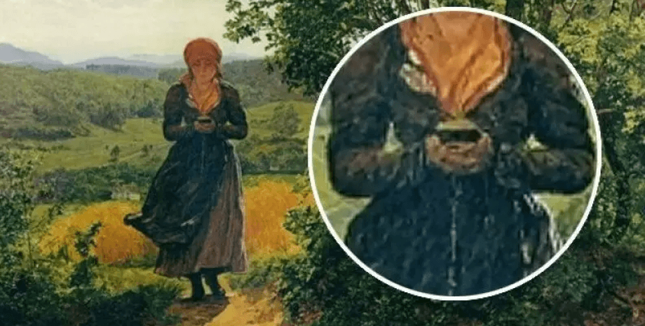 Картина, полотно, женщина, телефон, смартфон, молитвенник, Ожидаемая,