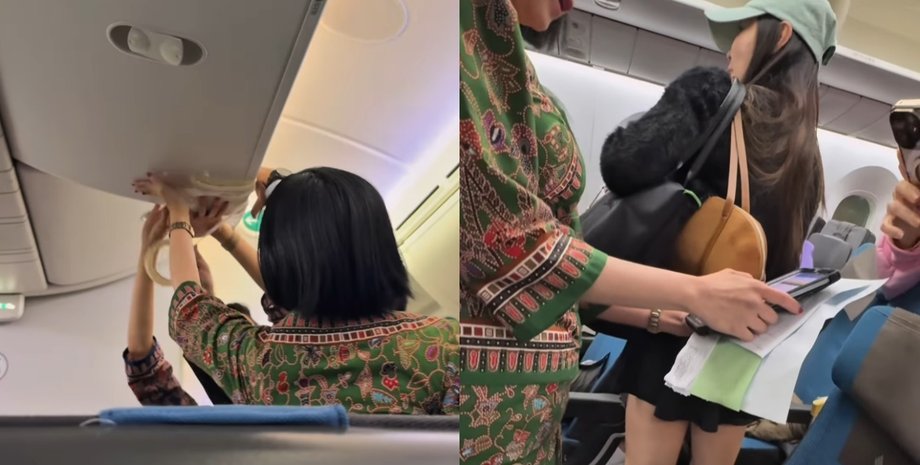 Стюардессы Singapore Airlines заклеивают протекающий верхний отсек для ручной клади клейкой лентой во время полета