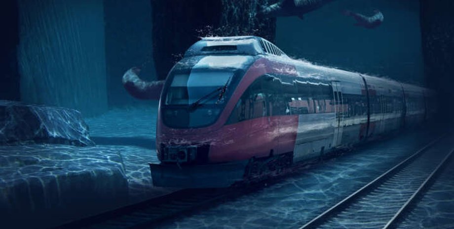 високошвидкісний потяг, рейки, вода, малюнок