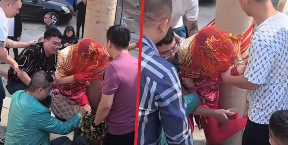 Жених с друзьями привязал любимую к столбу, свадебные традиции в Китае, курьезы, скандал, брак, социальные сети