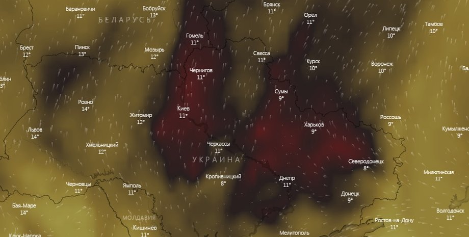 Уровень угарного газа в атмосфере по состоянию на 14:00 21 октября / Источник: windy.com