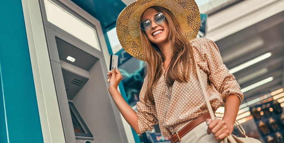 девушка с банковской картой у банкомата