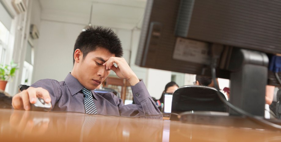 Втома, офіс, робота, комп'ютер, азіат, депресія, стрес