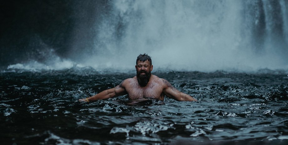 мужчина, борода, вода, водопад