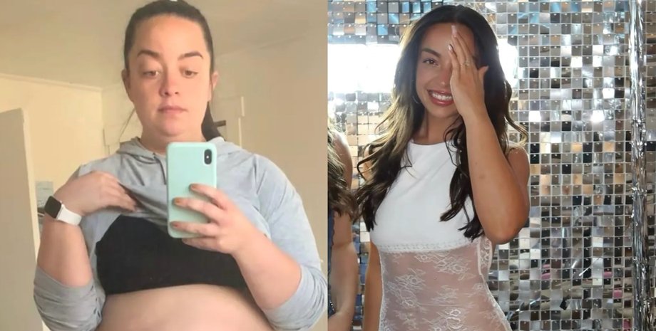 Сравнение внешности женщины до и после похудения Фотографии женщины до и после похудения, демонстрирующие изменения фигуры