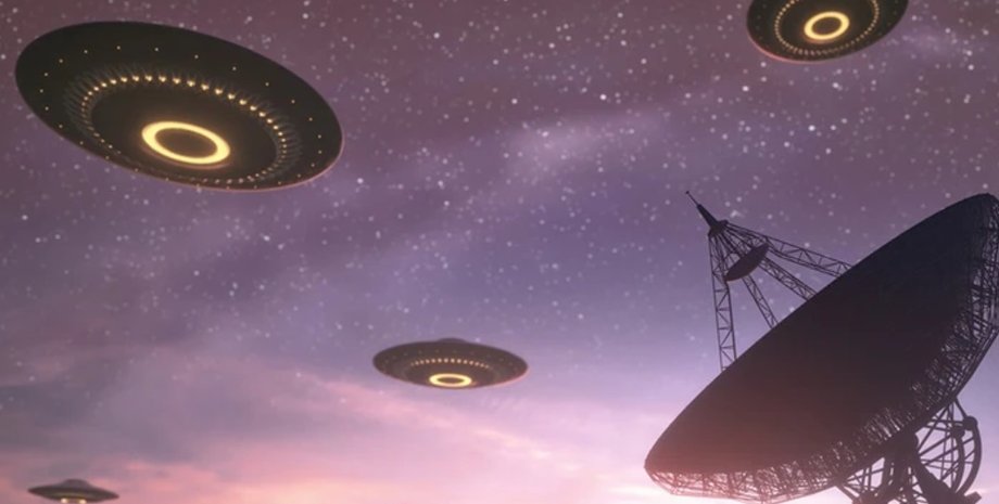 Ілюстрація НЛО над радіотелескопом на тлі зоряного неба, ідея зв'язку з позаземним розумом