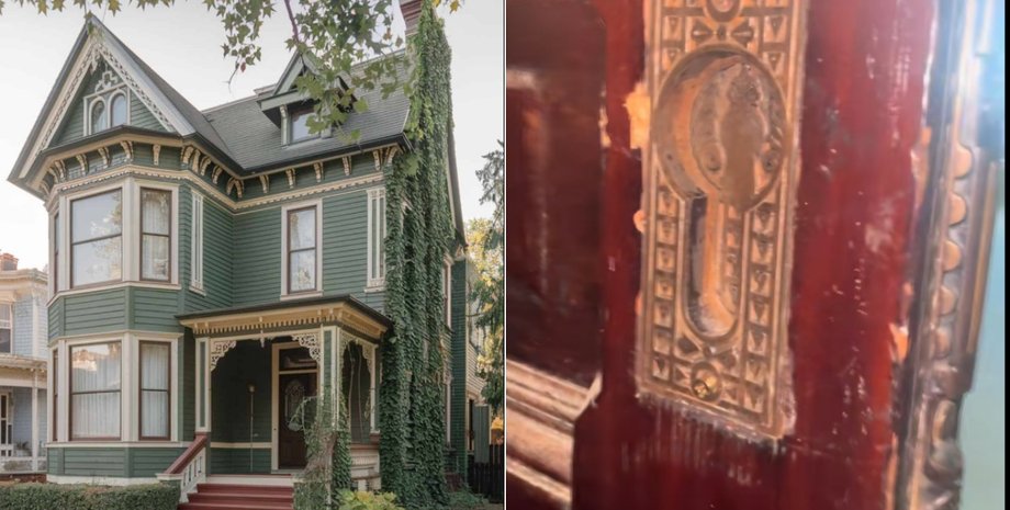 Крупний план прихованого механізму в розсувних дверях вікторіанського будинку в США