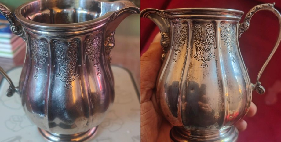 Антикварный серебряный кувшин с узорами, купленный в благотворительном магазине за 3 доллара