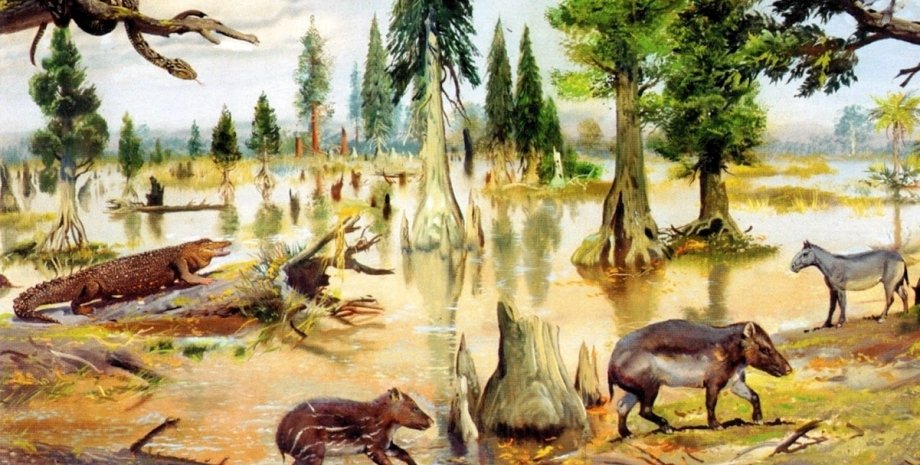 эоценовая фауна, деревья, животные, рисунок