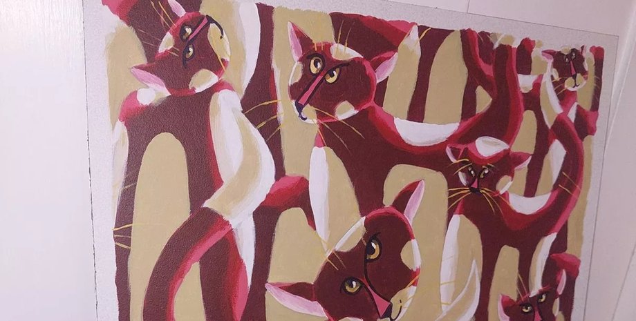 Оригинальная картина с изображением абстрактных кошек в красно-белых тонах, написанная художником Ли Вудсом