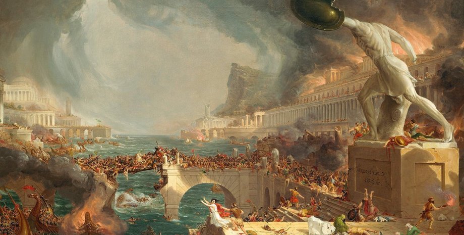 занепад цивілізації, місто. вогонь, картина, статуї