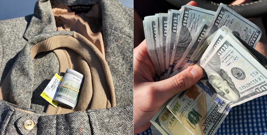 Купюры, спрятанные в кармане пиджака, мужчина держит $2000 наличными