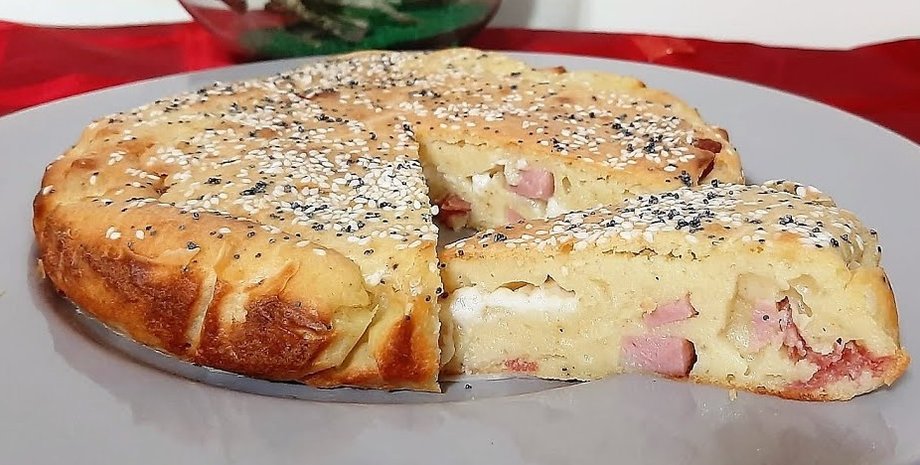 Пирог на йогурте с ветчиной и сыром, пирог с ветчиной, тесто на йогурте, простая выпечка