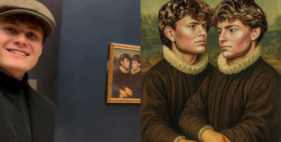 Чоловік у музеї позує поруч із картиною в стилі старовинного портрета, що зображує двох юнаків в історичних костюмах