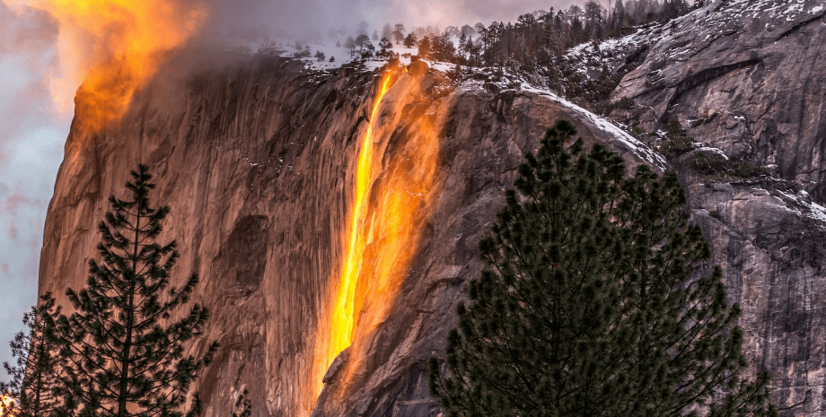 Калифорнийский водопад Хвощ, водопад, огнепад, огненный водопад, редкое явление, иллюзия, солнце, солнечные лучи, нацпарк