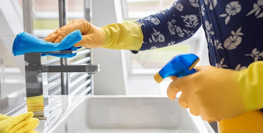 уборка, раковина, перчатки, чистящее средство, фото