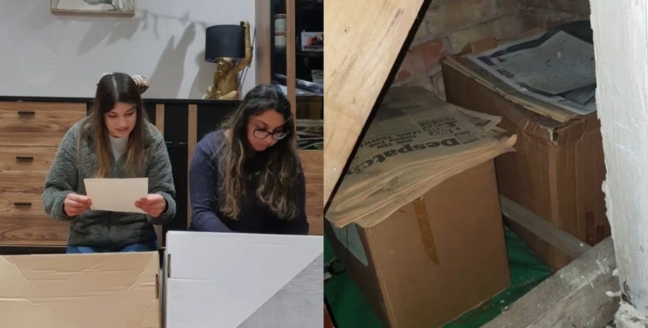 Две подруги изучают найденное письмо из 80-х годов после вскрытия коробок, спрятанных под лестницей в их доме