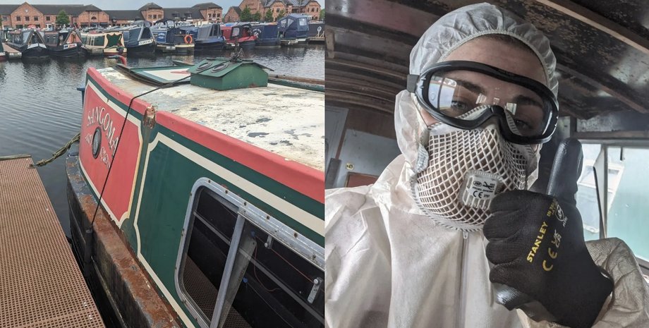 Узкая лодка возле причала, женщина в защитной экипировке во время ремонта будущего дома на воде