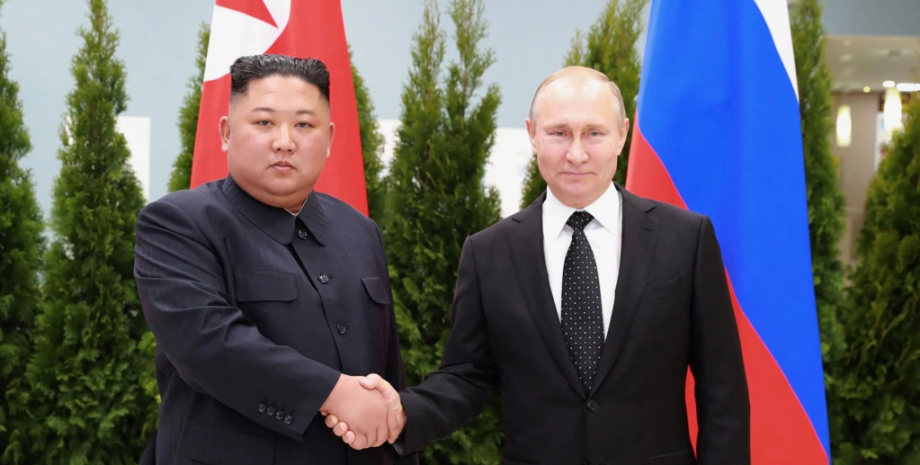 Путин, Ким Чен Ын, флаг РФ, флаг КНДР