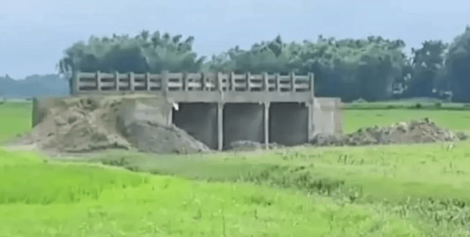 Мост посреди поля, строительство моста, строительство дороги, необычная постройка, не купили землю, проект, процесс отвода земли