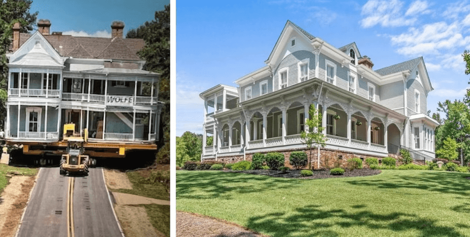 Перевоз особняка, перевозка дома, стены могут двигаться, перевозили грузовиком, дом выставили на аукцион, каретный домик, гараж и бассейн
