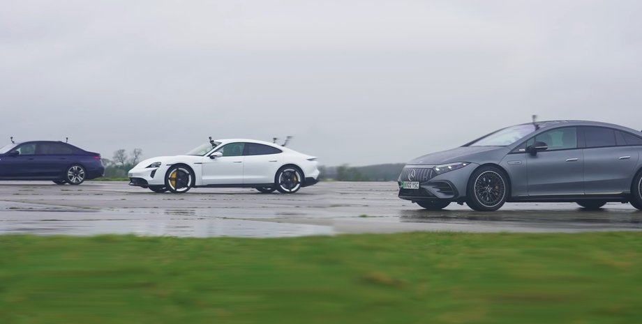 Авто, Автомобілі, Mercedes-AMG EQS, BMW i7, Porsche Taycan, Електромобілі, Перегони, Блогери, Відео, Заїзд