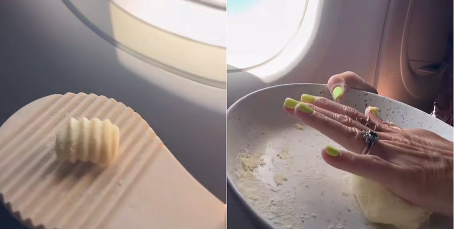 Жінка замішує тісто і формує ньоккі в салоні літака під час польоту