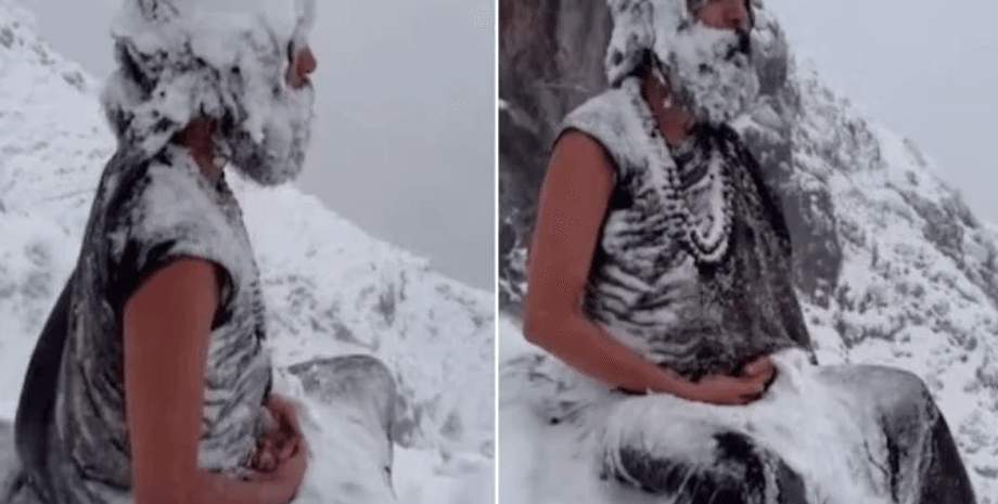 Чоловік медитує під час снігової бурі, снігова буря, гори, Гімалаї, курйози, йога, медитація, вірусне відео, суперечки