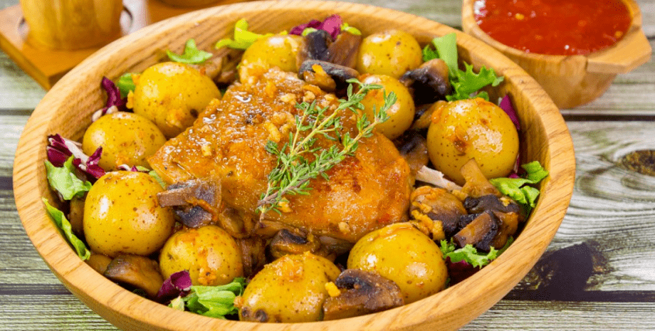 жаркое жаркое, курица, картофель, ужин, обед, еда, блюдо, соус