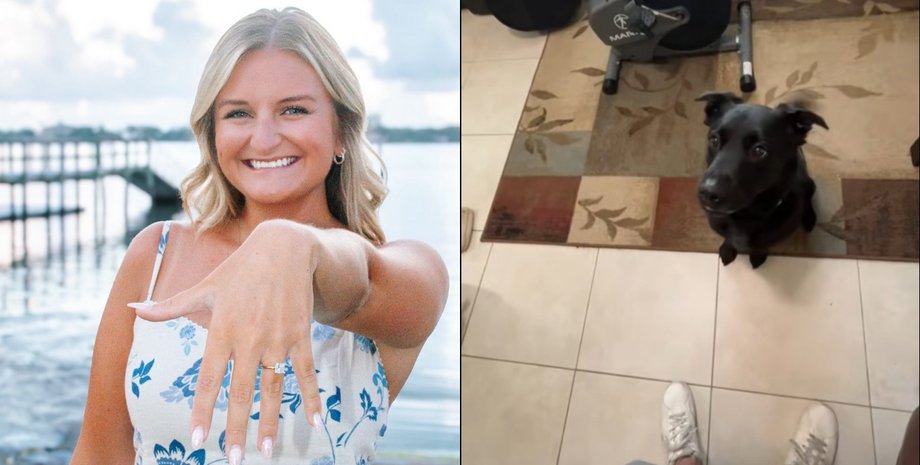 Жінка з обручкою посміхається на тлі води і чорна собака, якій показали обручку першою