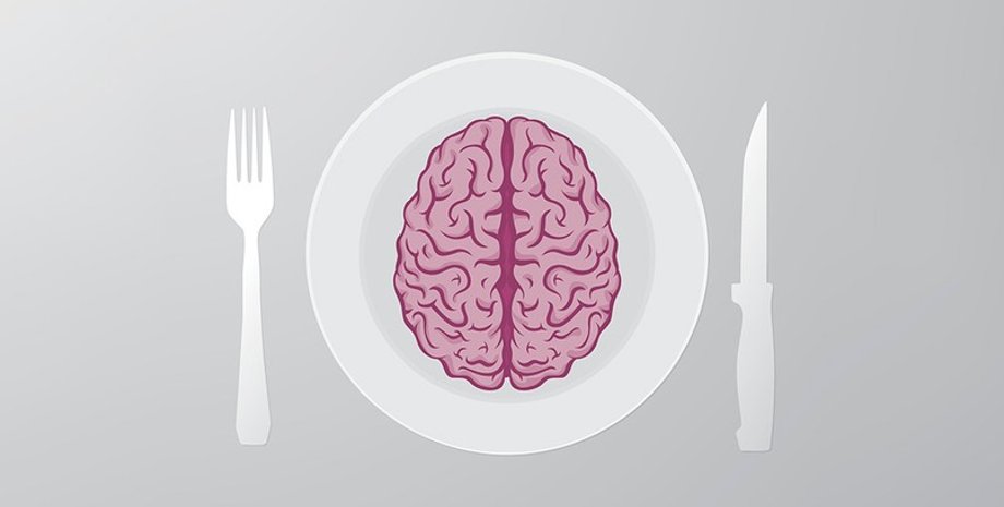 мозг, тарелка, вилка, нож, рисунок