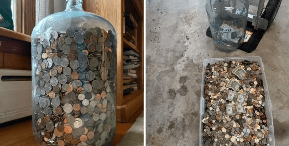 Банка с монетами, копилка, старые монеты, сколько денег, копил монеты 70 лет, пенсионер собирал монеты