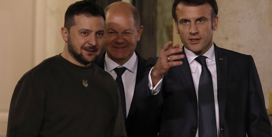 Владимир Зеленский, Олаф Шольц, Эммануэль Макрон