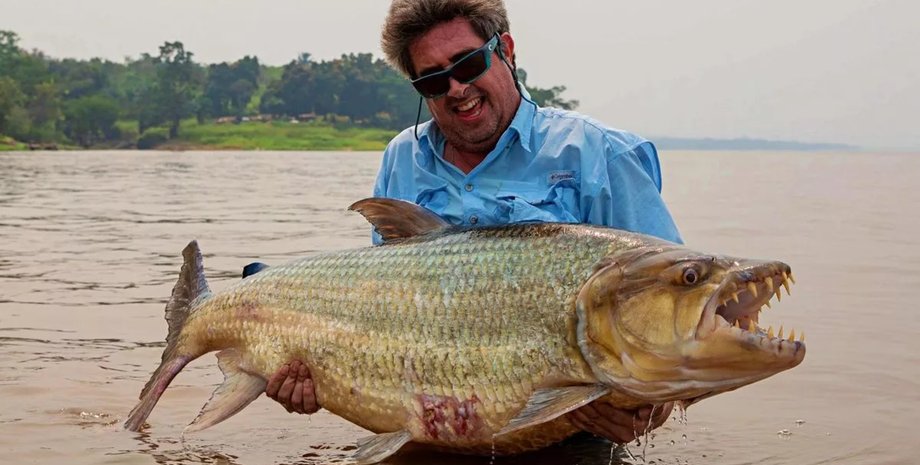 Мужчина поймал редкую рыбу, которая может нападать на крокодилов